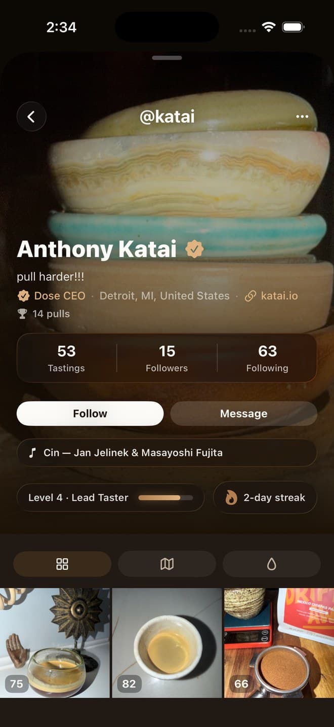 A taster profile — tastings, followers, and level