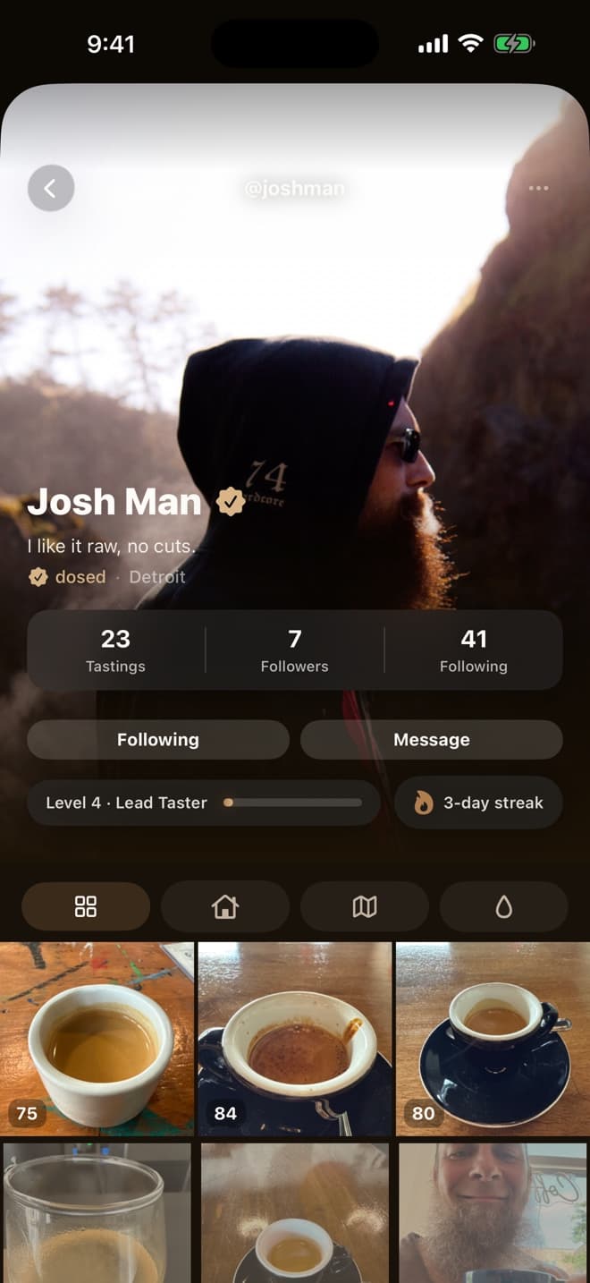 A taster profile — tastings, followers, and level